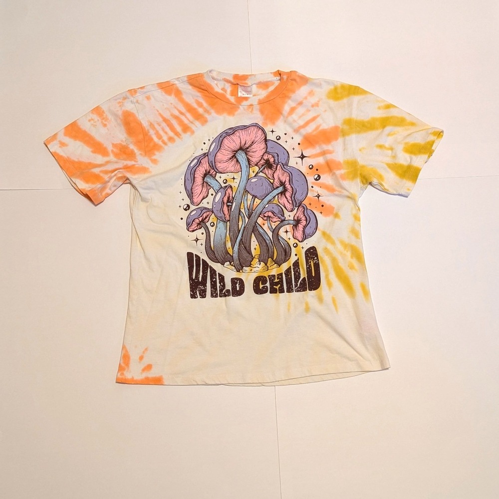 No Boundaries Wild Child Mushroom Tie Dye Graphic Tee Juniors M 7-9 Orange